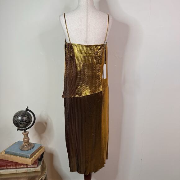 Cedric Charlier Gold Metallic Pleated Lamé Midi Dress Asymmetric Size 6 Goddess - Picture 10 of 15